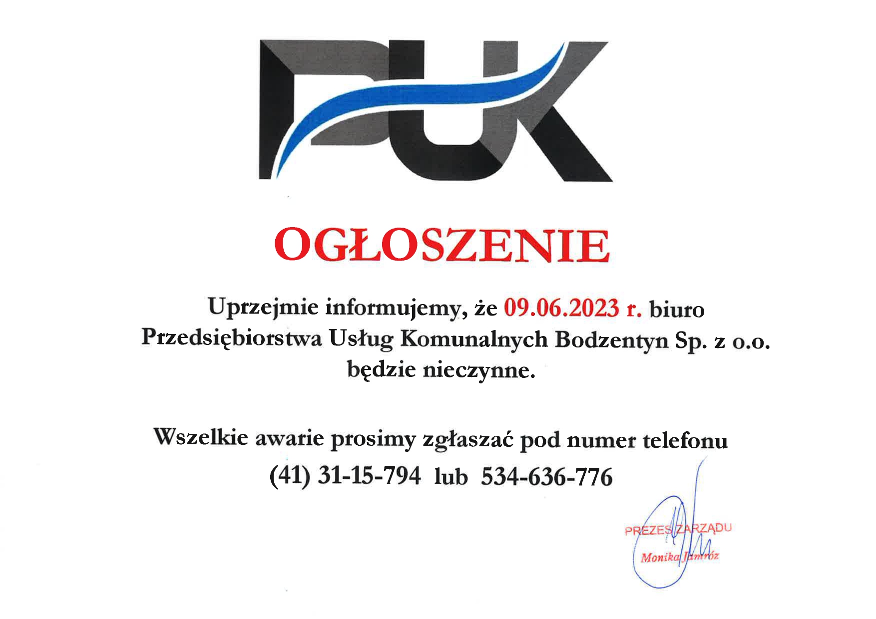 Biuro Przedsiębiorstwa Usług Komunalnych Bodzentyn Sp. z o.o. będzie nieczynne w dniu 09.06.2023 r.
